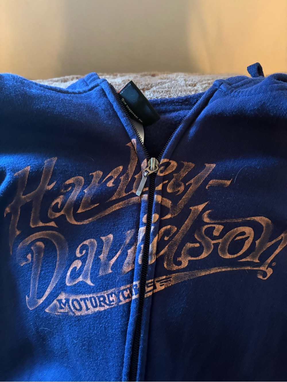 Harley-Davidson Blue Hoodie with Light Tan Logo - Big Moose Portland Maine - Picture 3 of 4